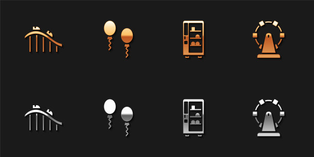 设置过山车，气球，自动贩卖机和摩天轮图标。向量图片下载