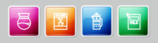 可用于咖啡机、咖啡机、压滤机、牛奶纸盒等。丰富多彩的广场按钮。向量图片下载