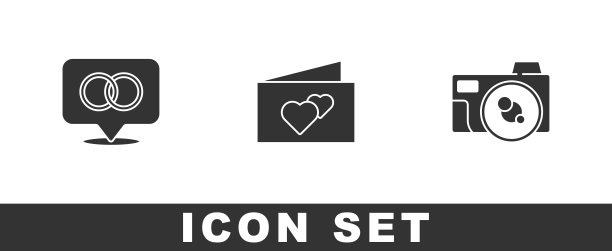 设置结婚戒指，贺卡和照片相机图标。向量图片下载