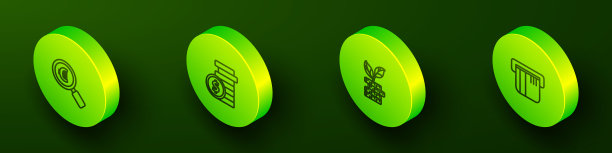 设置等距放大镜和欧元，硬币有美元，美元工厂和信用卡图标。向量图片下载