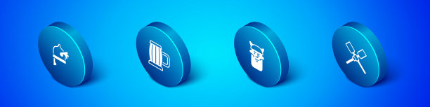 设置等距海盗在角头盔，头，桨桨船和木制啤酒杯图标。向量图片下载