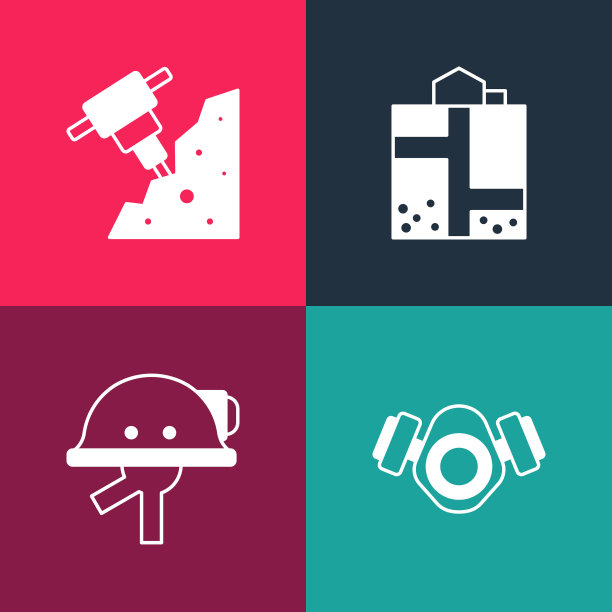 设置流行艺术防毒面具，矿工头盔，入口和施工手提钻图标。向量图片下载