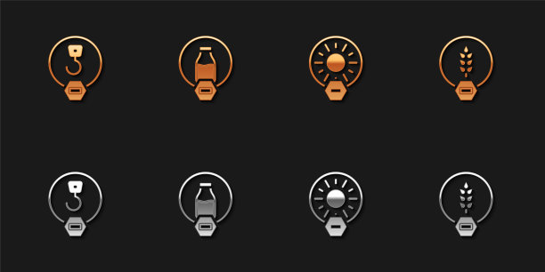 设置工业挂钩，不含乳糖，不受阳光直射，麸质谷物图标。向量图片下载