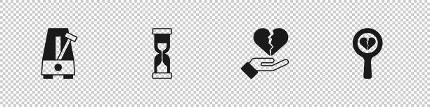 设置钟摆节拍器，旧沙漏，心碎或离婚和图标。向量图片下载