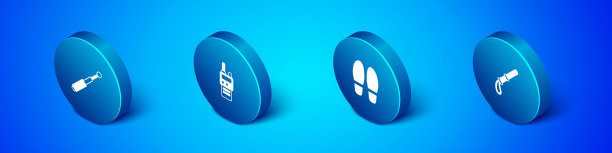 设置等距伸缩指挥棒，脚步，警察橡胶和对讲机图标。向量图片下载