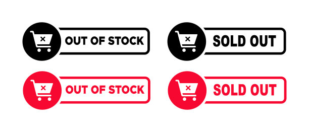 脱销，售罄，黑色和红色标签矢量图标集。独立盖章的商业标志和购物车图片下载