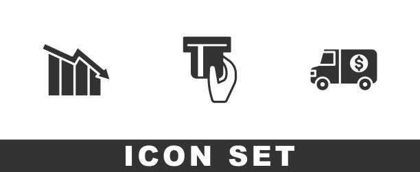 设置金融增长减少，信用卡插入和装甲卡车图标。向量图片下载