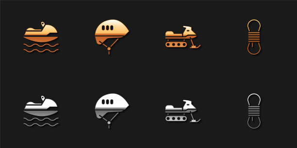 设置摩托艇，自行车头盔，雪地摩托和攀登者绳索图标。向量图片下载