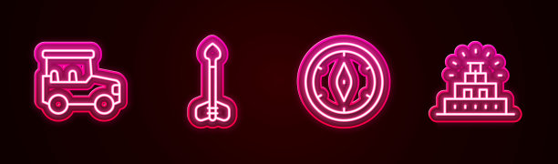 设置行狩猎车，箭，指南针和奇琴伊察在玛雅。发光的霓虹灯图标。向量图片下载