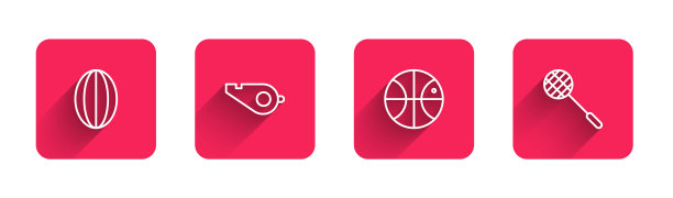 橄榄球、哨子、篮球、网球拍的长影线。红场按钮。向量图片下载