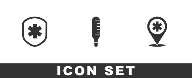 设置医疗盾与十字，温度计和地图指针医院图标。向量图片下载