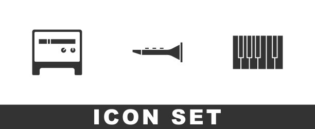 设置吉他放大器，单簧管和大钢琴图标。向量图片下载