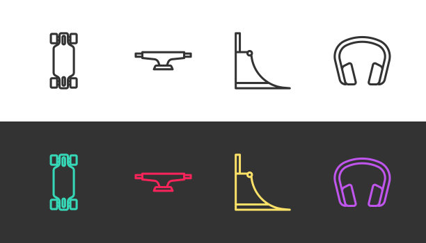 设置线长板或滑板，滑板轮，公园和耳机在黑白。向量图片下载