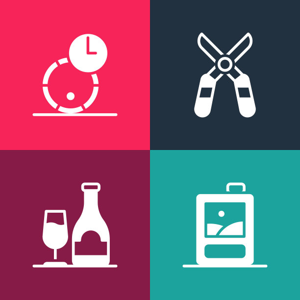 设置波普艺术纸箱葡萄酒，葡萄酒瓶与玻璃，园艺剪刀和木桶图标。向量图片下载