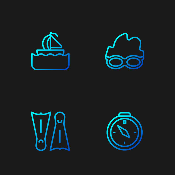 备有指南针、游泳板、帆船、眼镜等。渐变颜色图标。向量图片下载