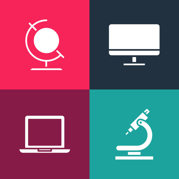 设置波普艺术显微镜，笔记本电脑，电脑显示器屏幕和地球地球仪图标。向量图片下载