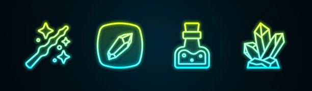 设置魔术棒，石头，药水和瓶子。发光的霓虹灯图标。向量图片下载