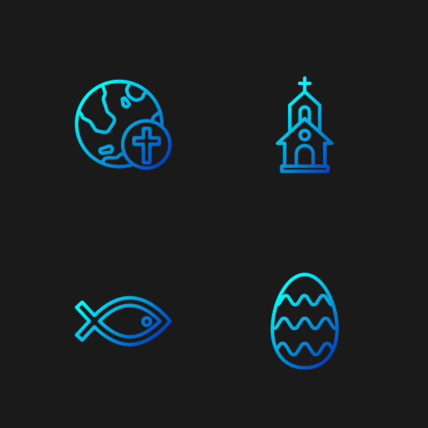 设置线复活节彩蛋，基督教鱼的象征，十字架与地球仪和教堂建筑。渐变颜色图标。向量图片下载