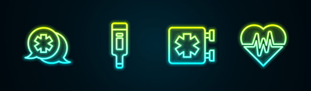 与医生对话，数字温度计，紧急情况和心率的医疗符号。发光的霓虹灯图标。向量图片下载