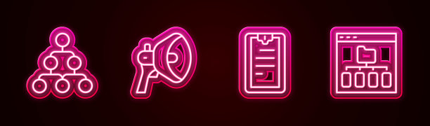 设置线层次结构组织图，扩音器，剪贴板与检查表和浏览器文件。发光的霓虹灯图标。向量图片下载