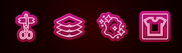 集线剪，层布，皮革和缝纫图案。发光的霓虹灯图标。向量图片下载