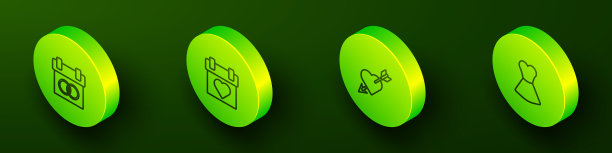 设置等距线日历，，爱情与心和箭和女人的服装图标。向量图片下载