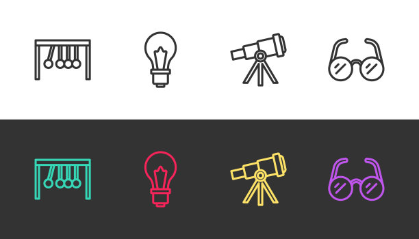 设置线摆，灯泡与想法，望远镜和眼镜在黑白。向量图片下载