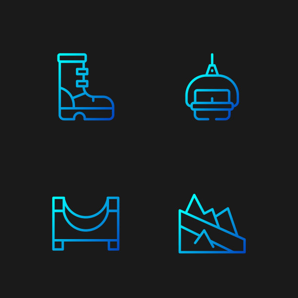 设置线山下降，滑冰公园，防水橡胶靴和滑雪缆车。渐变颜色图标。向量图片下载