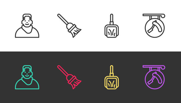 理发店、拖把、畚箕、剃须刀在黑色和白色上设置客户端。向量图片下载