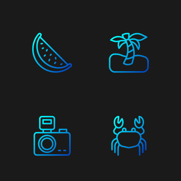 设置线蟹，照片相机闪光灯，西瓜和热带棕榈树。渐变颜色图标。向量图片下载