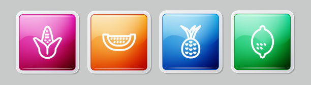 玉米，西瓜，菠萝和柠檬。丰富多彩的广场按钮。向量图片下载