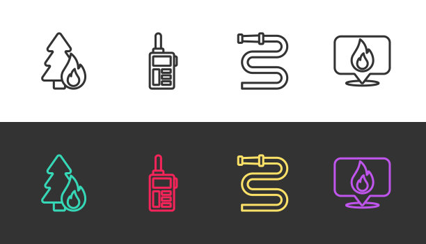 燃烧森林树木，对讲机，消防软管卷轴和位置与火焰黑白。向量图片下载