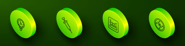 设置等距线压力水表，注射器，图形，时间表，图表，图表和指南针图标。向量图片下载