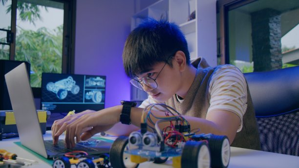亚洲青少年在做Arduino机器人家庭作业图片下载