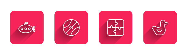 集潜水艇玩具、篮球、拼图和长影子橡皮鸭于一体。红场按钮。向量图片下载