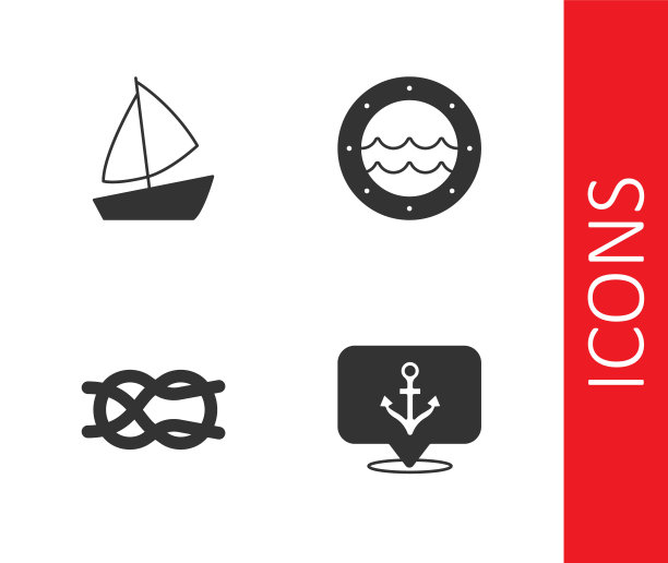 设置锚，游艇，航海绳结和船的舷窗图标。向量图片下载