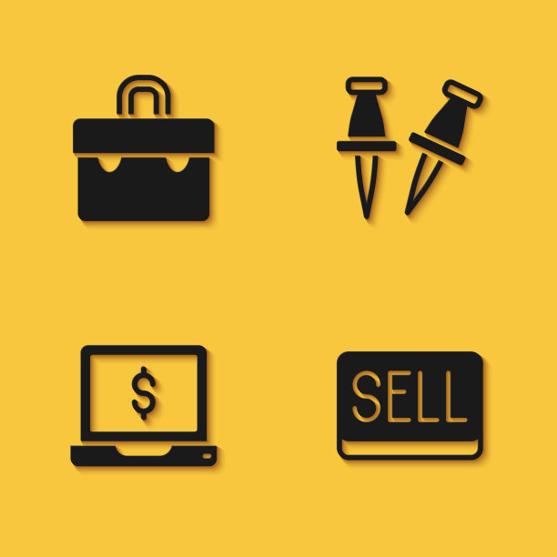 公文包、销售按钮、带美元的笔记本电脑和图钉长阴影图标矢量图图片下载