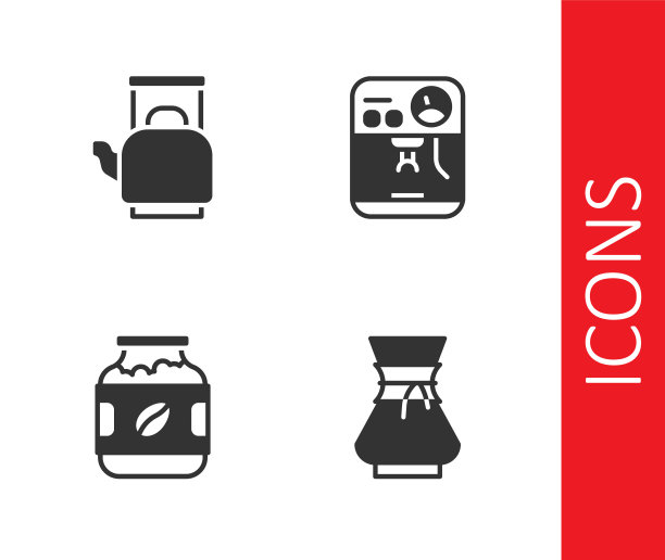 设置倒咖啡壶，带把手的水壶，咖啡瓶和机器图标。向量图片下载