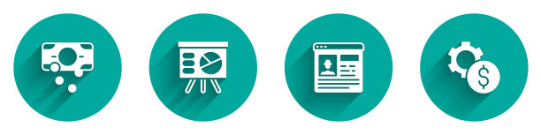 设置叠纸钱现金，板与图形，简历和齿轮美元符号图标与长阴影。向量图片下载