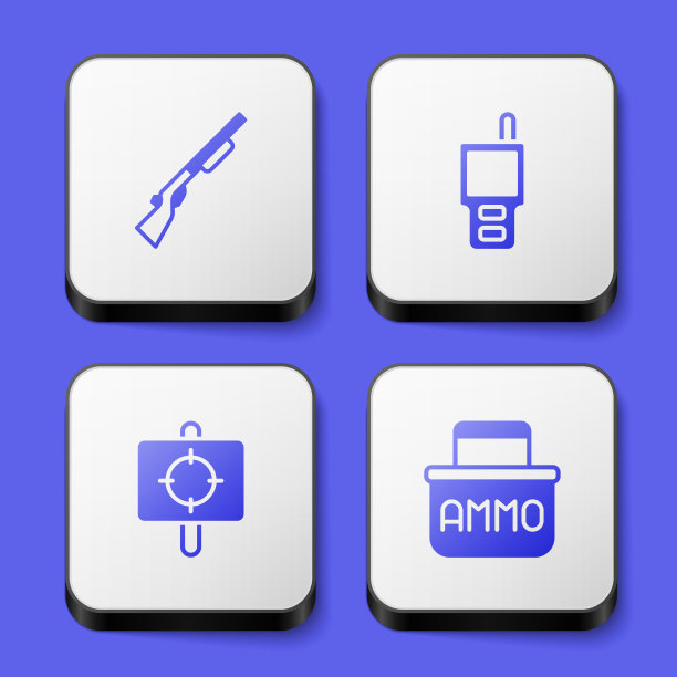设置猎枪，对讲机，目标运动和弹药盒图标。白色正方形按钮。向量图片下载