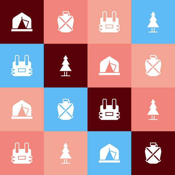 设置流行艺术旅游帐篷，水壶水壶，防弹背心和树的图标。向量图片下载