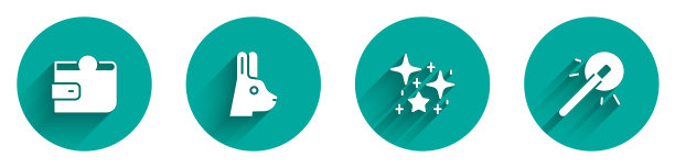 设置钱包，兔子耳朵，魔法闪光粒子和魔杖图标与长阴影。向量图片下载