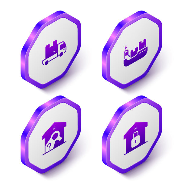 设置等距送货卡车，带箱送货的货船，仓库检查和关闭仓库图标。紫色的六角按钮。向量图片下载