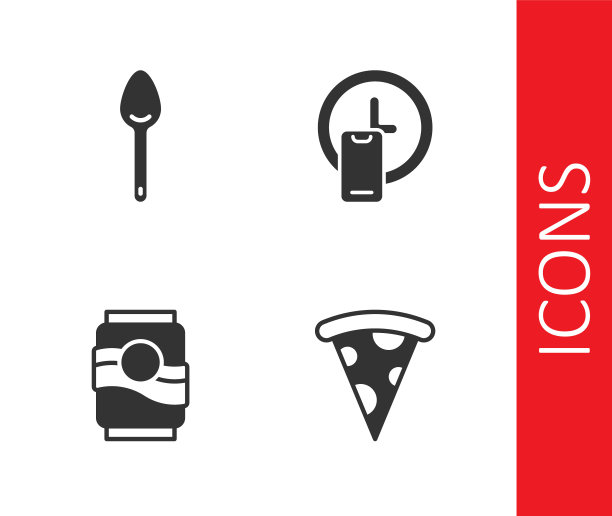 设置披萨片，勺子，苏打罐和时钟递送图标。向量图片下载