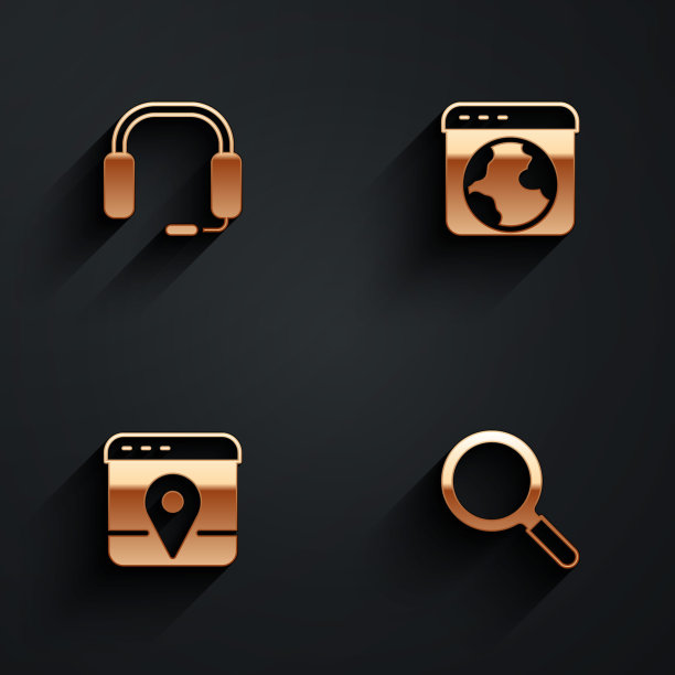 设置耳机，世界范围，城市地图信息图和放大镜图标与长阴影。向量图片下载