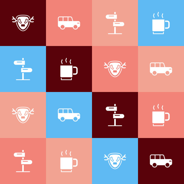 设置流行艺术鹿角盾牌，狩猎汽车，道路交通标志和咖啡杯图标。向量图片下载