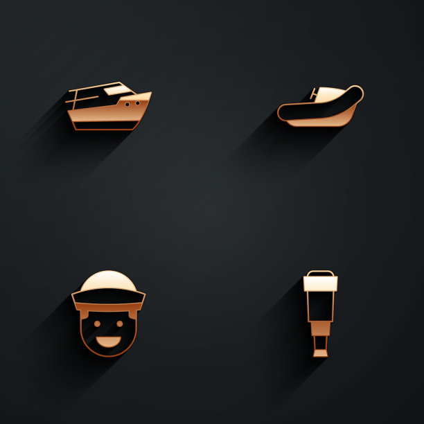 设置快艇，充气马达，水手和望远镜镜头图标与长阴影。向量图片下载