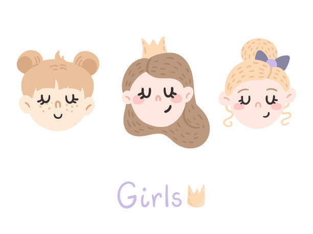 可爱的卡通女孩集合在一个时髦的风格。图片下载