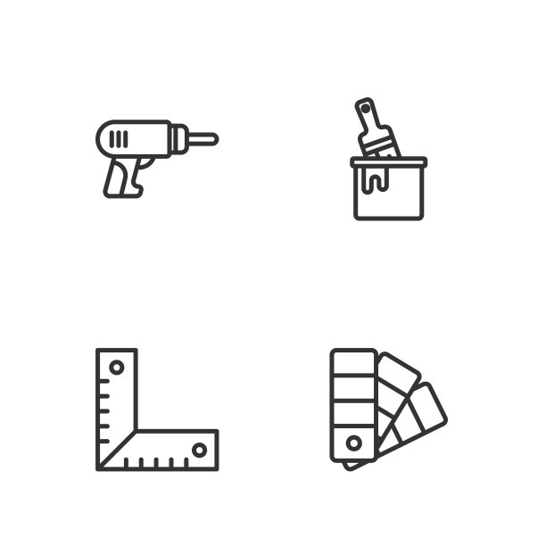 设置线调色板指南，角尺，电钻和画笔图标的油漆桶。向量图片下载