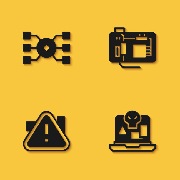 设置神经网络，互联网盗版，感叹号在三角形和主板图标与长阴影。向量图片下载